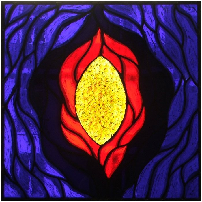 Résurrection. © Sébastien Dugué Vitrail : fushing et méthode Tiffany, 40x40cm 